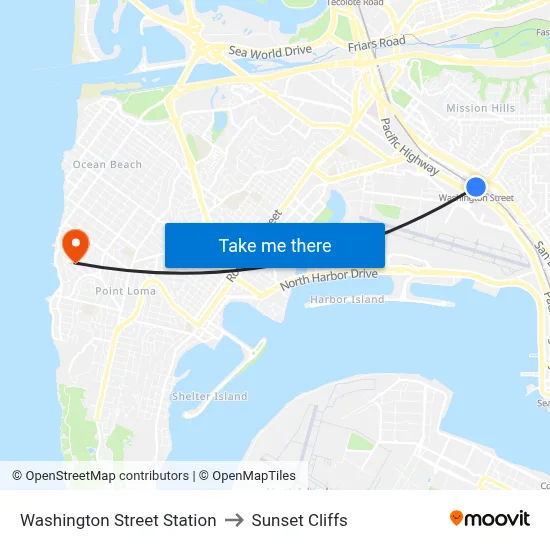 Washington Street Station to Sunset Cliffs map