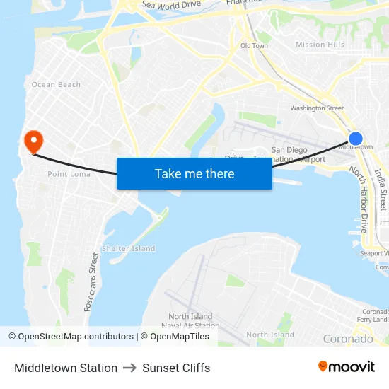 Middletown Station to Sunset Cliffs map