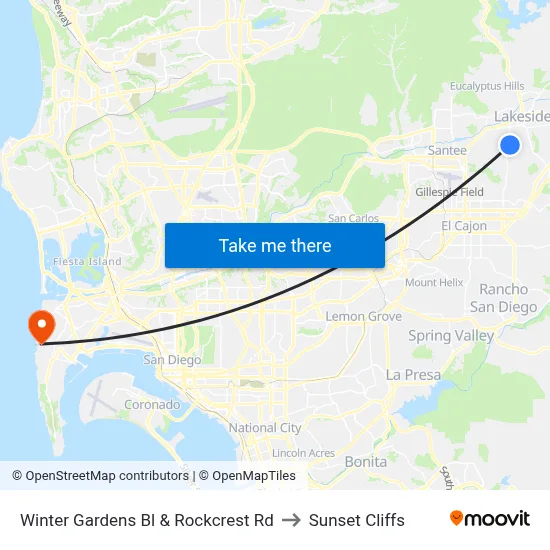 Winter Gardens Bl & Rockcrest Rd to Sunset Cliffs map