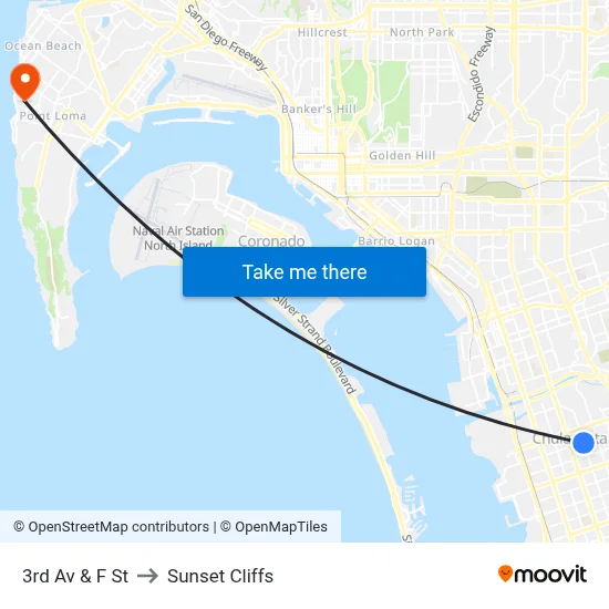 3rd Av & F St to Sunset Cliffs map
