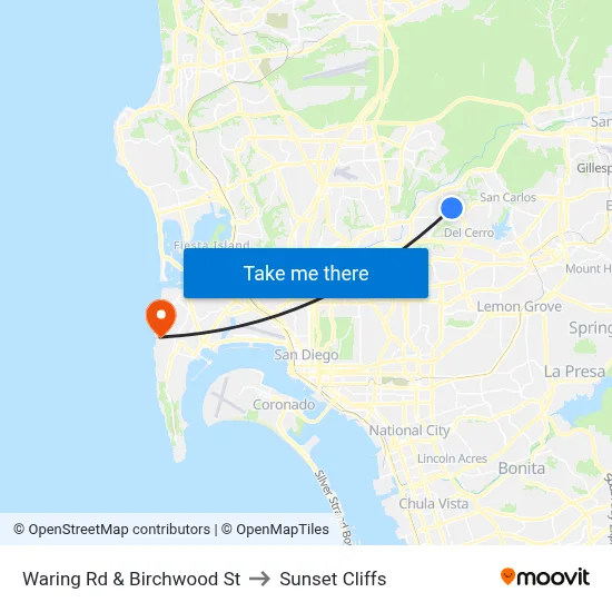 Waring Rd & Birchwood St to Sunset Cliffs map