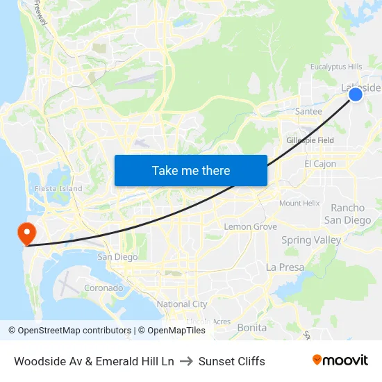 Woodside Av & Emerald Hill Ln to Sunset Cliffs map