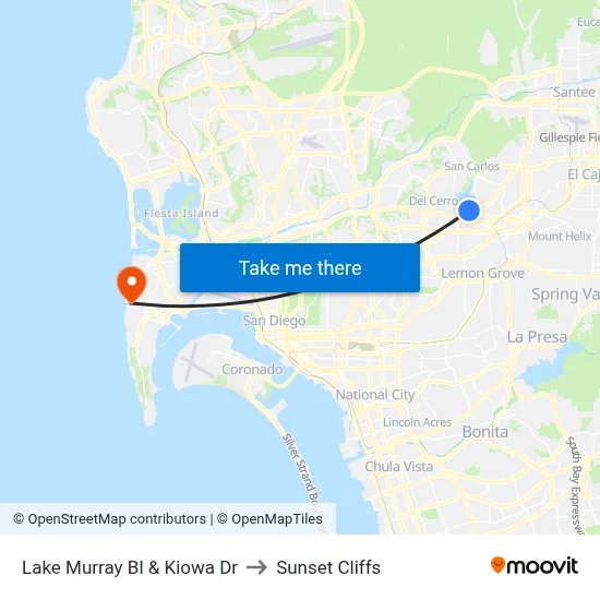 Lake Murray Bl & Kiowa Dr to Sunset Cliffs map