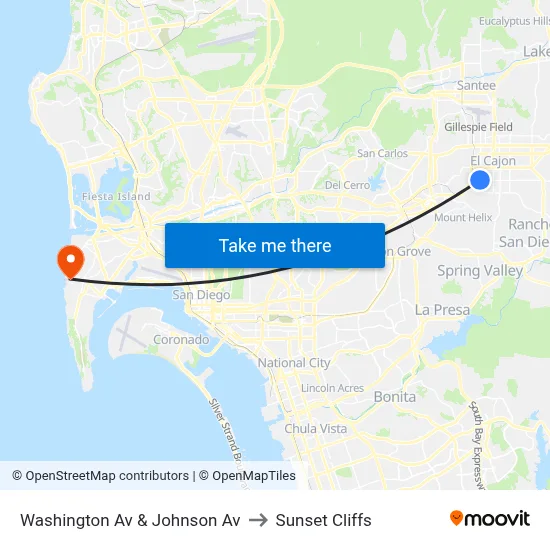 Washington Av & Johnson Av to Sunset Cliffs map