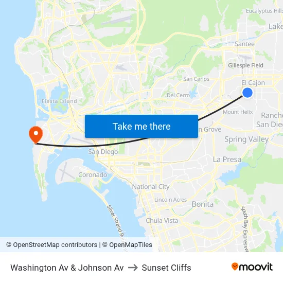 Washington Av & Johnson Av to Sunset Cliffs map