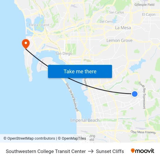 Southwestern College Transit Center to Sunset Cliffs map
