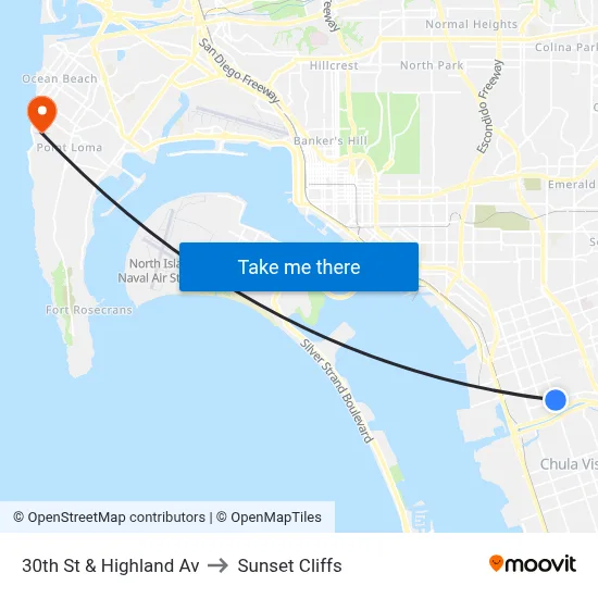 30th St & Highland Av to Sunset Cliffs map