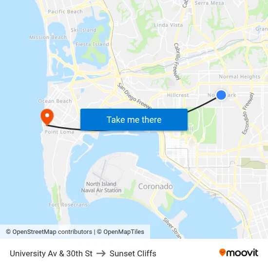 University Av & 30th St to Sunset Cliffs map