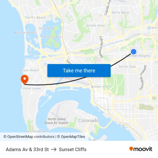 Adams Av & 33rd St to Sunset Cliffs map