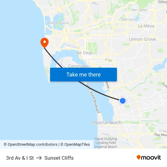 3rd Av & I St to Sunset Cliffs map