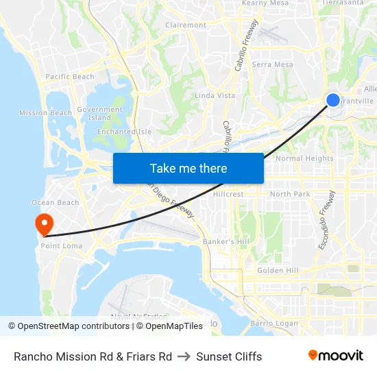 Rancho Mission Rd & Friars Rd to Sunset Cliffs map