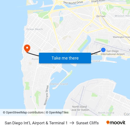 San Diego Int'L Airport & Terminal 1 to Sunset Cliffs map