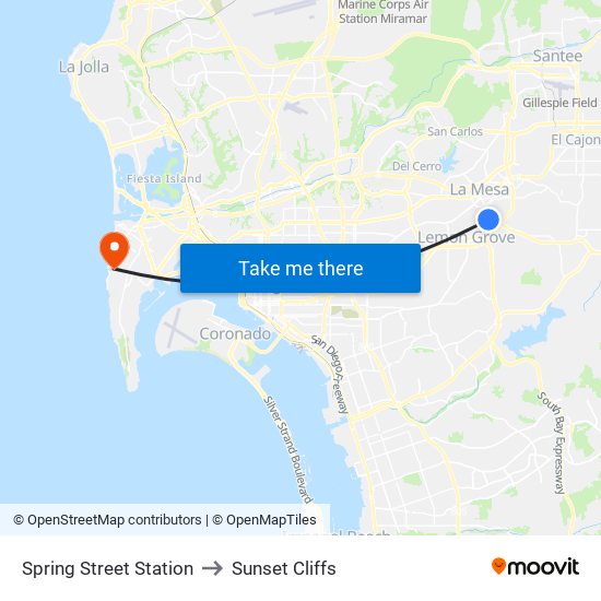 Spring Street Station to Sunset Cliffs map