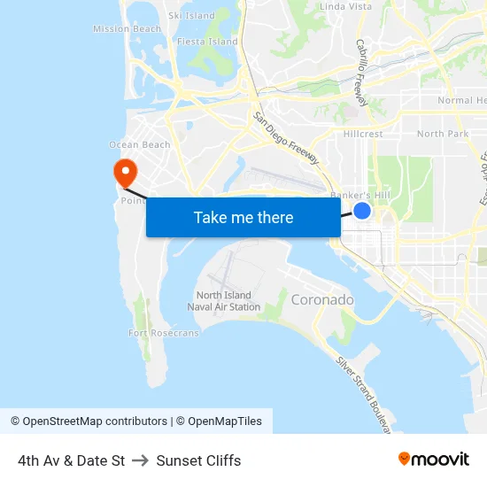 4th Av & Date St to Sunset Cliffs map