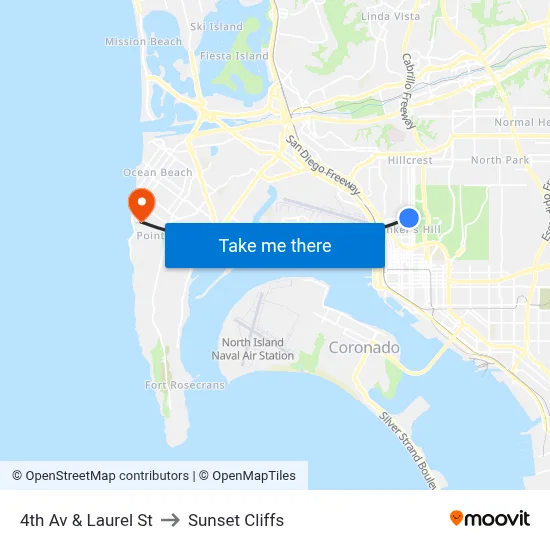 4th Av & Laurel St to Sunset Cliffs map