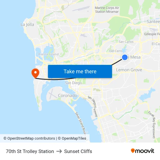 70th St Trolley Station to Sunset Cliffs map
