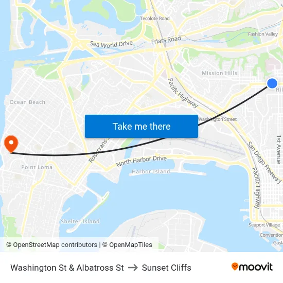 Washington St & Albatross St to Sunset Cliffs map