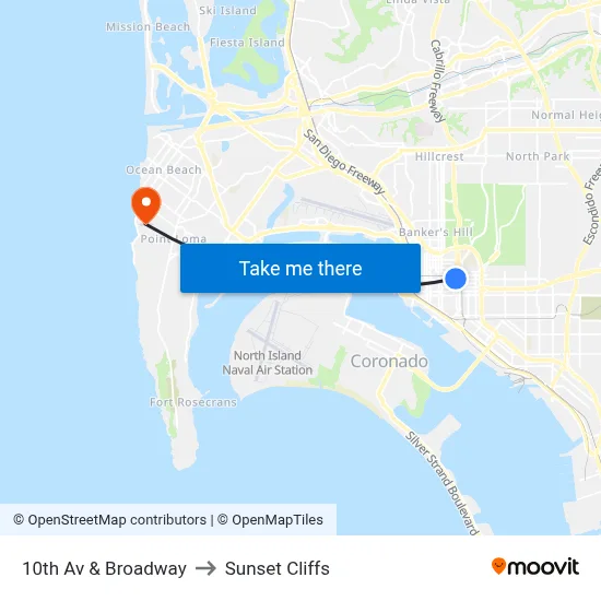 10th Av & Broadway to Sunset Cliffs map
