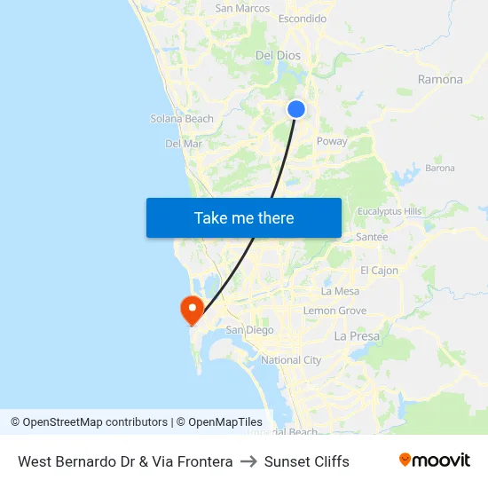 West Bernardo Dr & Via Frontera to Sunset Cliffs map