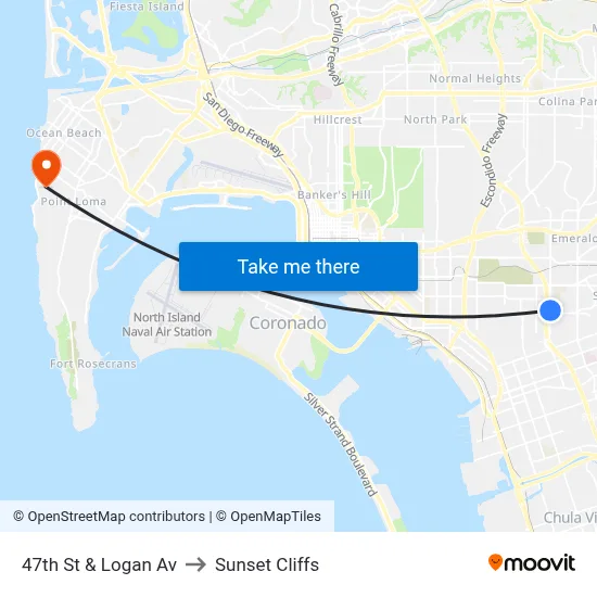 47th St & Logan Av to Sunset Cliffs map