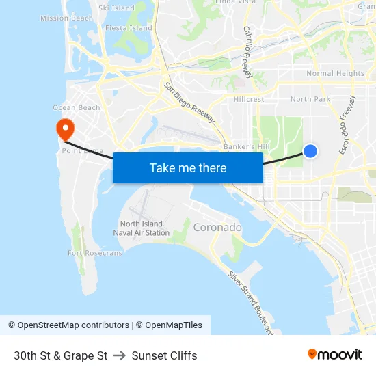 30th St & Grape St to Sunset Cliffs map
