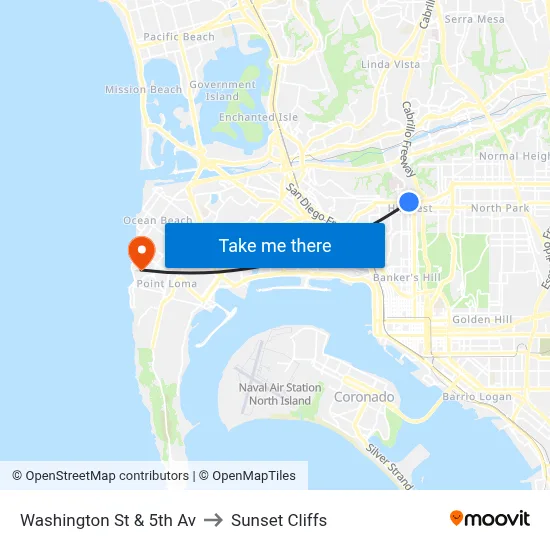 Washington St & 5th Av to Sunset Cliffs map