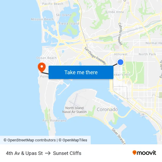 4th Av & Upas St to Sunset Cliffs map