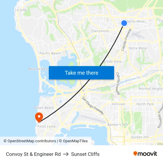 Convoy St & Engineer Rd to Sunset Cliffs map