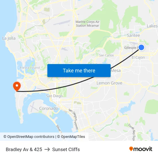 Bradley Av & 425 to Sunset Cliffs map