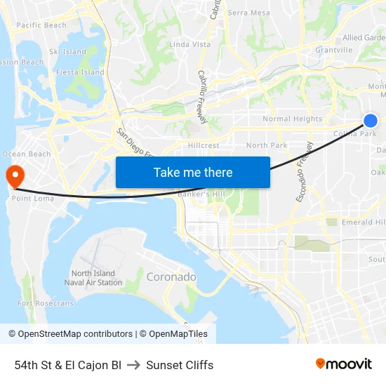 54th St & El Cajon Bl to Sunset Cliffs map