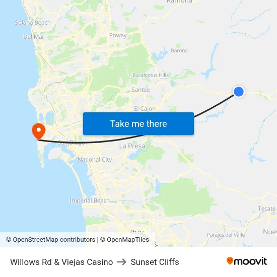 Willows Rd & Viejas Casino to Sunset Cliffs map