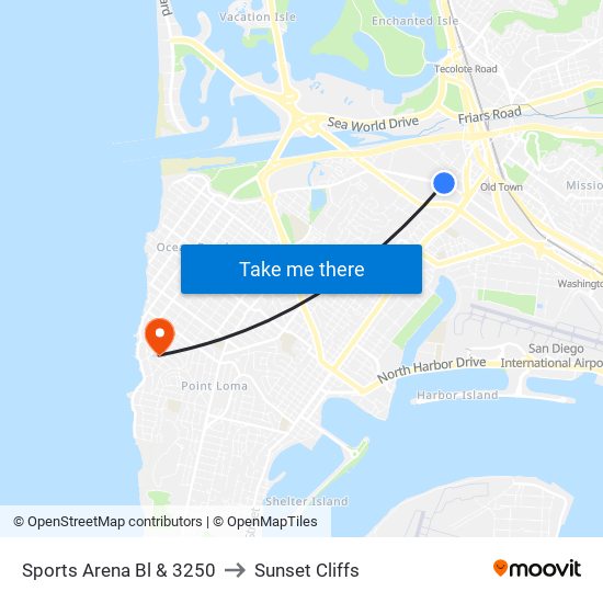 Sports Arena Bl & 3250 to Sunset Cliffs map