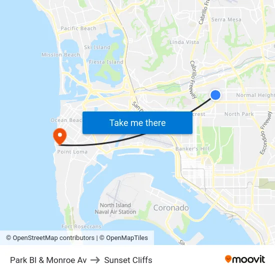 Park Bl & Monroe Av to Sunset Cliffs map