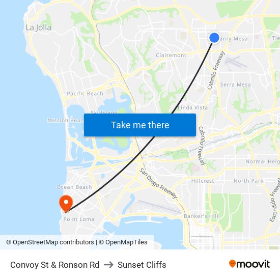 Convoy St & Ronson Rd to Sunset Cliffs map
