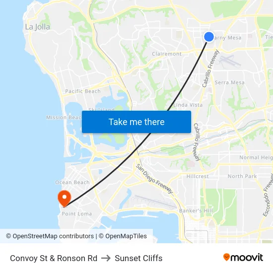 Convoy St & Ronson Rd to Sunset Cliffs map