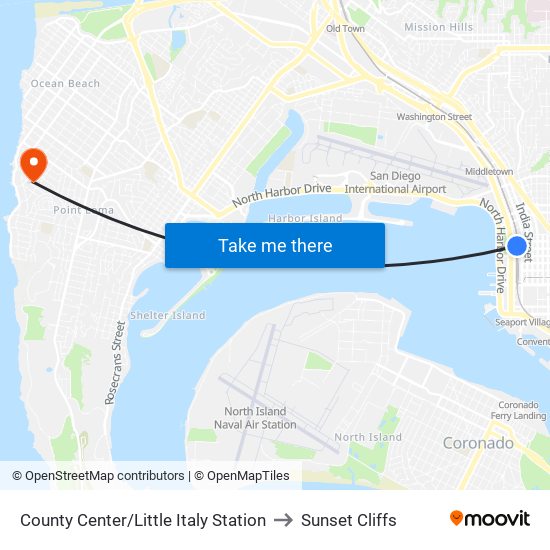 County Center/Little Italy Station to Sunset Cliffs map