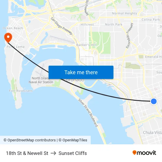 18th St & Newell St to Sunset Cliffs map