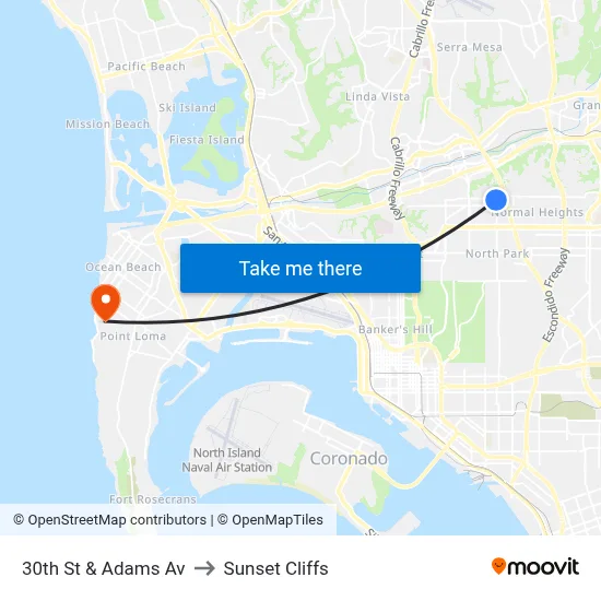 30th St & Adams Av to Sunset Cliffs map
