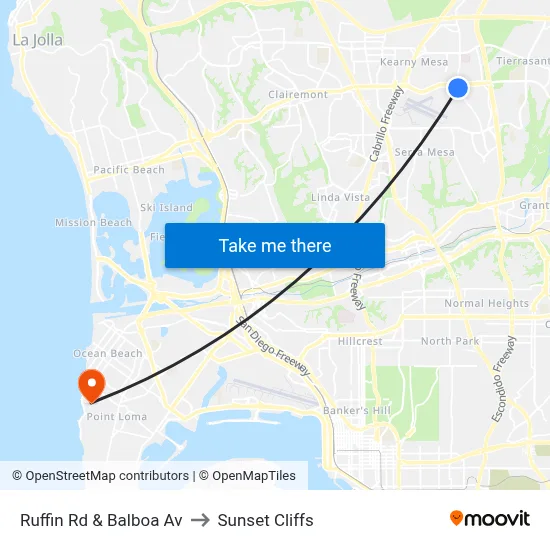 Ruffin Rd & Balboa Av to Sunset Cliffs map