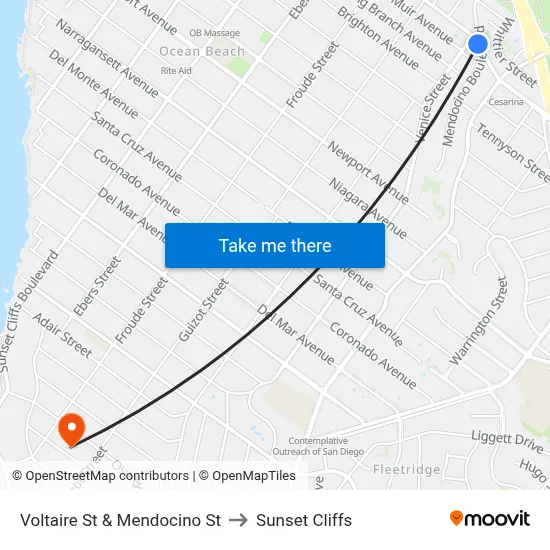 Voltaire St & Mendocino St to Sunset Cliffs map
