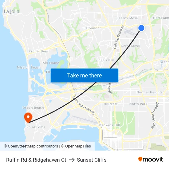 Ruffin Rd & Ridgehaven Ct to Sunset Cliffs map