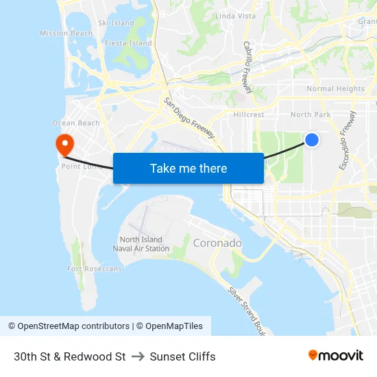30th St & Redwood St to Sunset Cliffs map