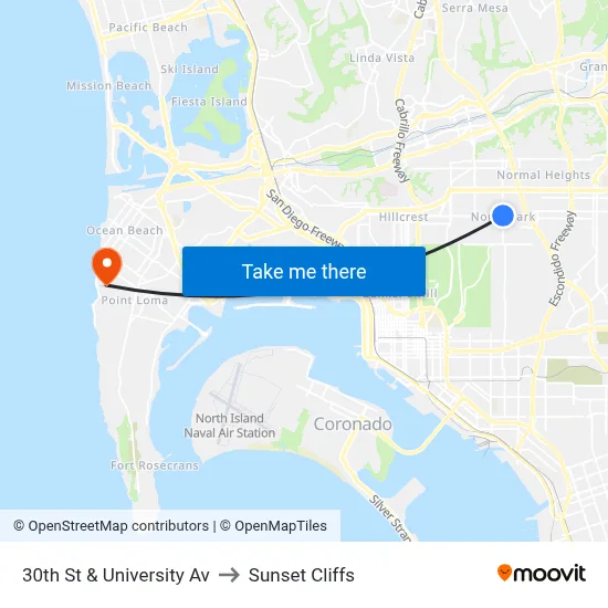 30th St & University Av to Sunset Cliffs map