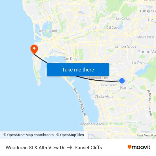 Woodman St & Alta View Dr to Sunset Cliffs map