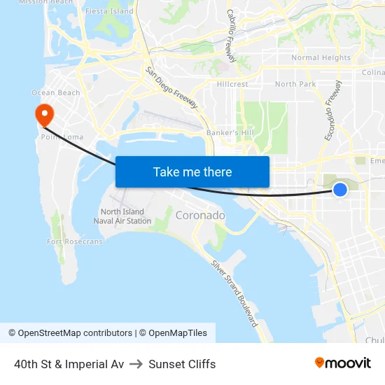 40th St & Imperial Av to Sunset Cliffs map