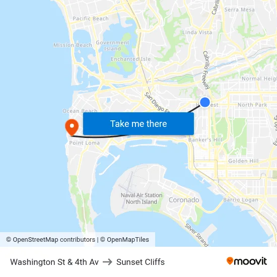 Washington St & 4th Av to Sunset Cliffs map