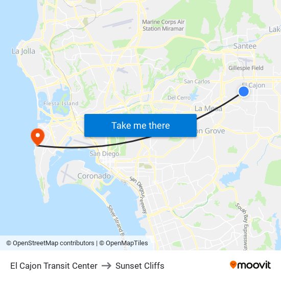 El Cajon Transit Center to Sunset Cliffs map