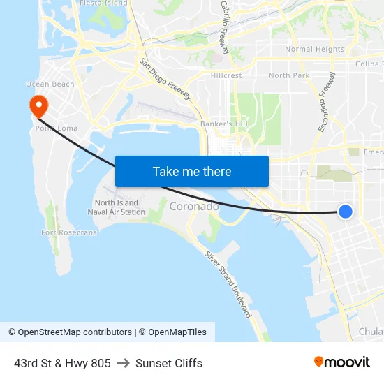 43rd St & Hwy 805 to Sunset Cliffs map