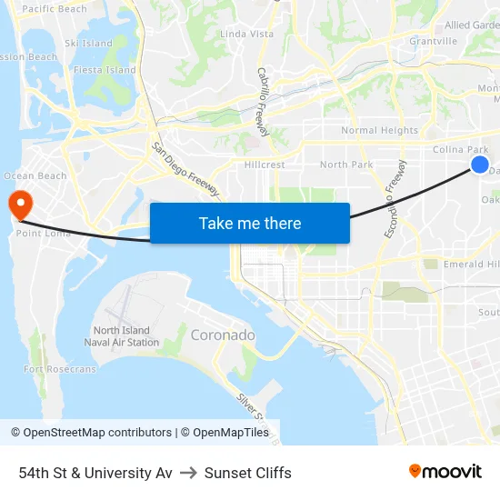 54th St & University Av to Sunset Cliffs map
