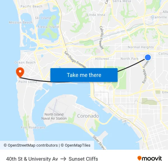 40th St & University Av to Sunset Cliffs map